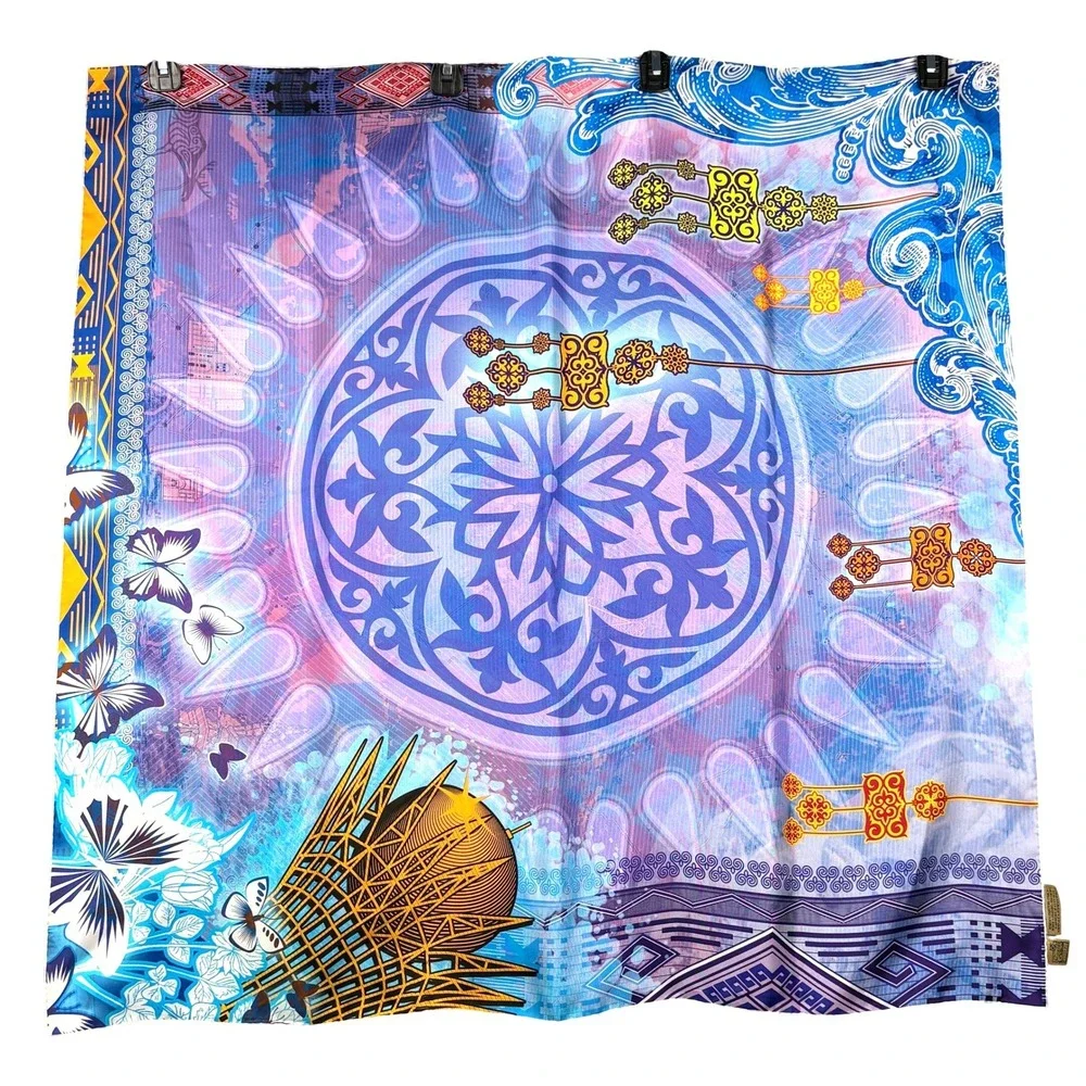 NWOT Empire of Kazakhstan Silk Scarf 35 X 35 Blue Geometric Luxury Gift Italy